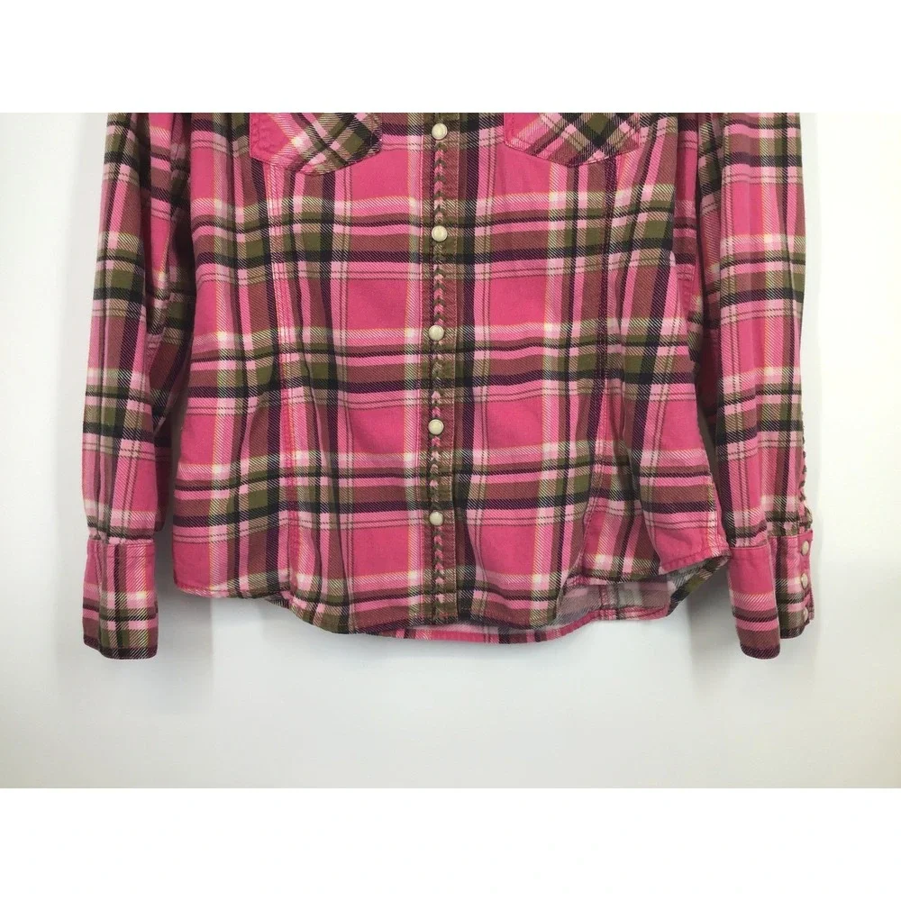 Lucky Brand Dungarees Pink Plaid Snap Western Shirt Embroidered Trim Vtg Size S - Picture 3 of 7